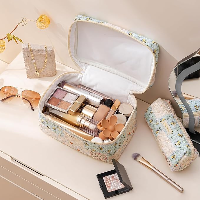 HBselect Quilted Makeup Bag, 3Pcs Cotton Large Travel Makeup Bags Organizer | Cute Floral Make up Bag Cosmetic Bag Toiletry Bag for Women Girls, Makeup Pouch for Skincare, Brushes & Travel Essentials - Image 2