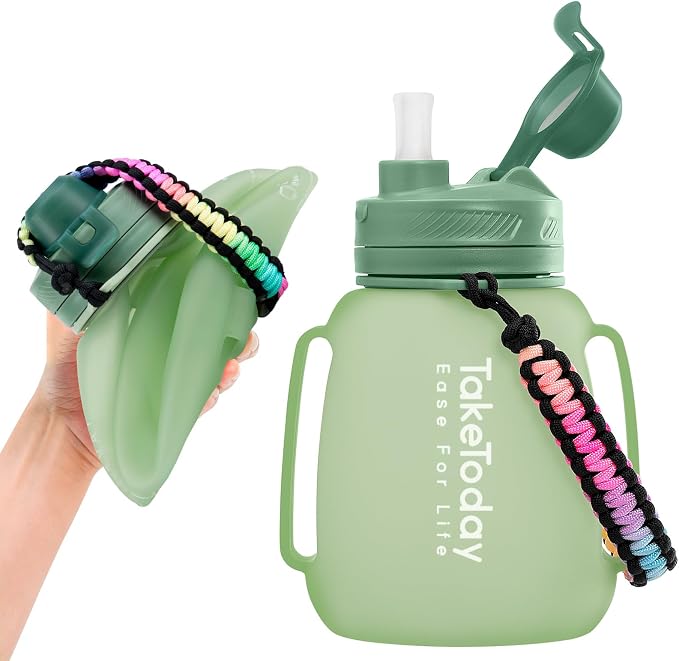 TakeToday Collapsible Water Bottles for Outdoor, 40oz, Green | Time Marker, BPA-Free Silicone, Folds for Travel, Paracord Handle for Hiking, Gym, Camping, Leakproof by TAKETODAY