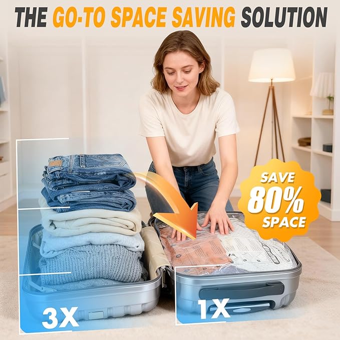 Vacuum Bags for Travel with Rechargeable Pump, 9 Pack Compression Packing Bags with 35KPA Electric Pump, 80% Space Saver for Clothes, Vacuum Seal Bags fo Carry-on Luggage Suitcase - Image 2