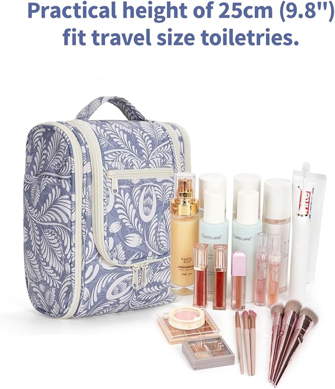 Narwey Small Hanging Toiletry Bag Women Travel Makeup Bag Organizer Toiletries Bag for Travel Size Essentials Accessories Cosmetics (Medium, Blue Leaf) - Image 4