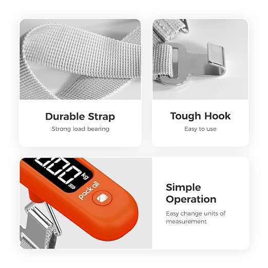 pack all Digital Luggage Scale for Travel, 110Lbs Capacity, 0.1Lb Precision | Handheld, Backlit LCD Display, Lb/Kg/Oz Conversion, Tare Function, Battery Included, Orange - Image 6