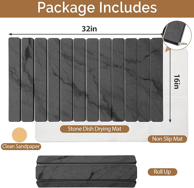 Extra Large Stone Dish Drying Mat for Kitchen Counter, Quick Dry Stone Dishes Mats, Foldable Water Absorbing Diatomaceous Drying Pad for Countertop Bottles Utensils Cups Bathroom(Dark Gray 32"×16"） - Image 2