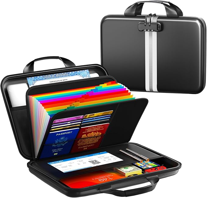 Fireproof Document Organizer with Lock, Rigid EVA File Box with 13-Pocket Accordion Folder for Important Documents & Tablets under 11", Lightweight Safe Storage for Home, Office & Travel (Small Size) by Unknown