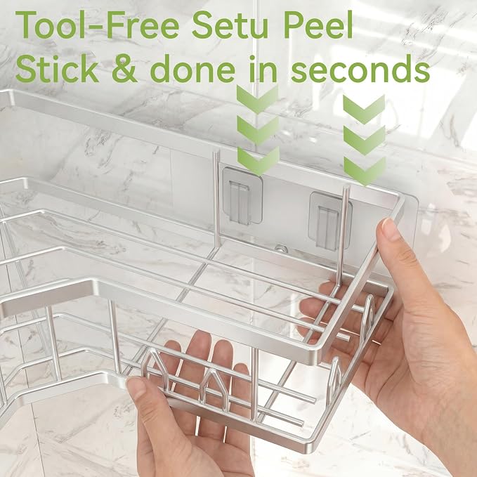 Shower Shelf Corner, Adhesive Shower Caddy Rustproof, Shower Shelves Corner with Soap Holder, No Drilling Shower Corner Organizer for Dorm, Renters Bathroom, Silver, 3 Pack - Image 5