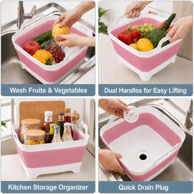 2.4 Gal(9L) Collapsible Dish Basin with Drain Plug, Space Saving Outdoor Multiuse Foldable Sink Tub, Dishpan, Kitchen Storage Tray for Camping, Vegetable Washing, RV (Pink) - Image 7