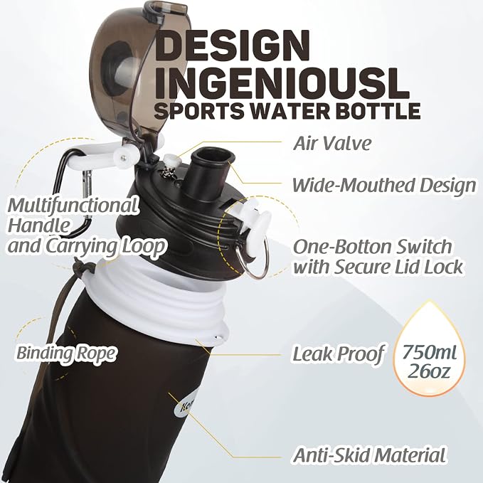 Collapsible Silicone Water Bottles-750ML,Medical Grade,BPA Free Travel Water Bottle Can Roll Up,26oz,Leak Proof Foldable Sports & Outdoor Water Bottles - Image 4