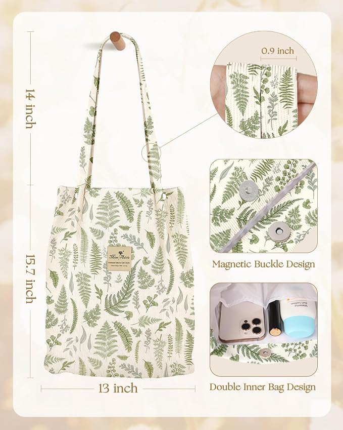 Miss Adola Corduroy Tote Bag for Women with Aesthetic Design | Magnetic Buckle & Pocket, Reusable, Soft, Roomy, Long Shoulder Handles, Double-sided Print, Casual Daily Work, Grocery Bags - Image 5
