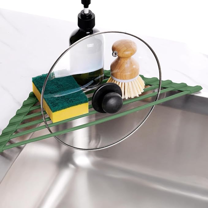 Tomorotec Roll Up Dish Drying Rack with Silicone Coating, Army Green | 304 Stainless Steel with BPA-Free Silicone, Triangle Design Maximizes Sink Corner Space, Fits Compact Kitchens And RVs - Image 4
