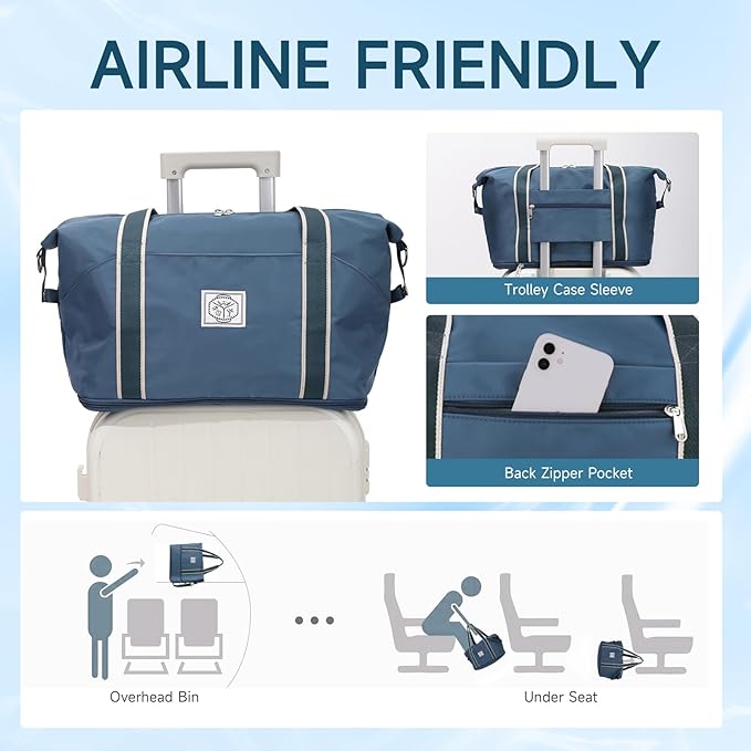 WALNEW Travel Duffel Bag, Weekender Overnight Carry On Bag for Women Men, Foldable Waterproof Gym Luggage with Metal Buckle Detachable Shoulder Strap and Wet Compartment (Peacock Blue) | Overnight Carry On Bag, Foldable Waterproof Gym Luggage with Meta... - Image 6