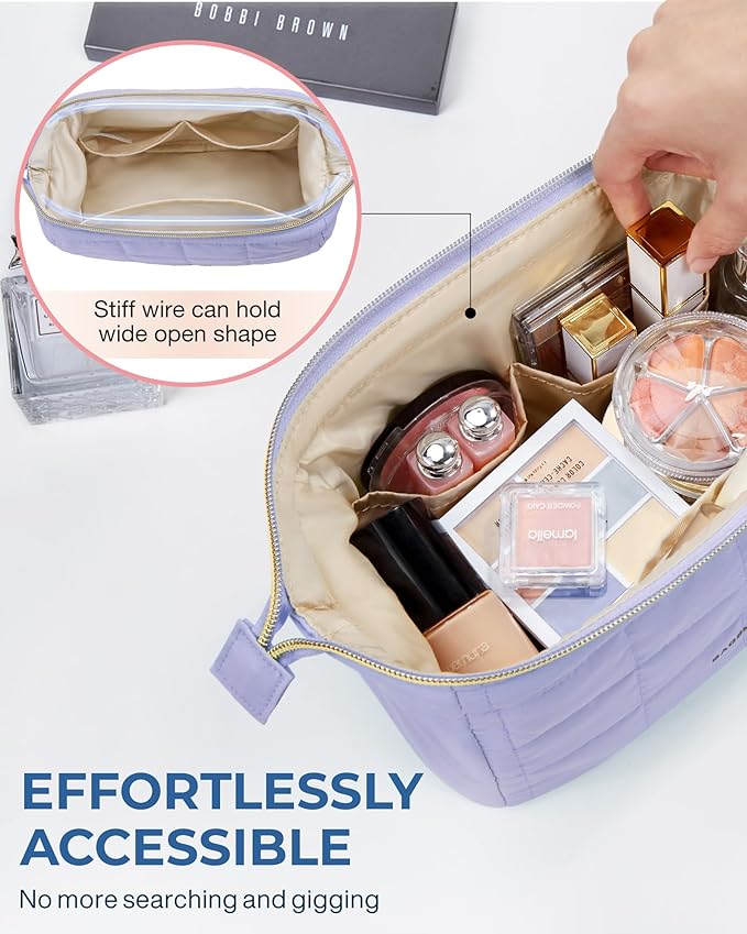 BAGSMART Makeup Bag Travel Toiletry Bag, Zipper Pouch, Lavender Purple | Wide-open, Puffy Padded, Travel Essentials, Make Up Bag, For Women, Makeup Organizer, Toiletries Accessories Brushes - Image 3