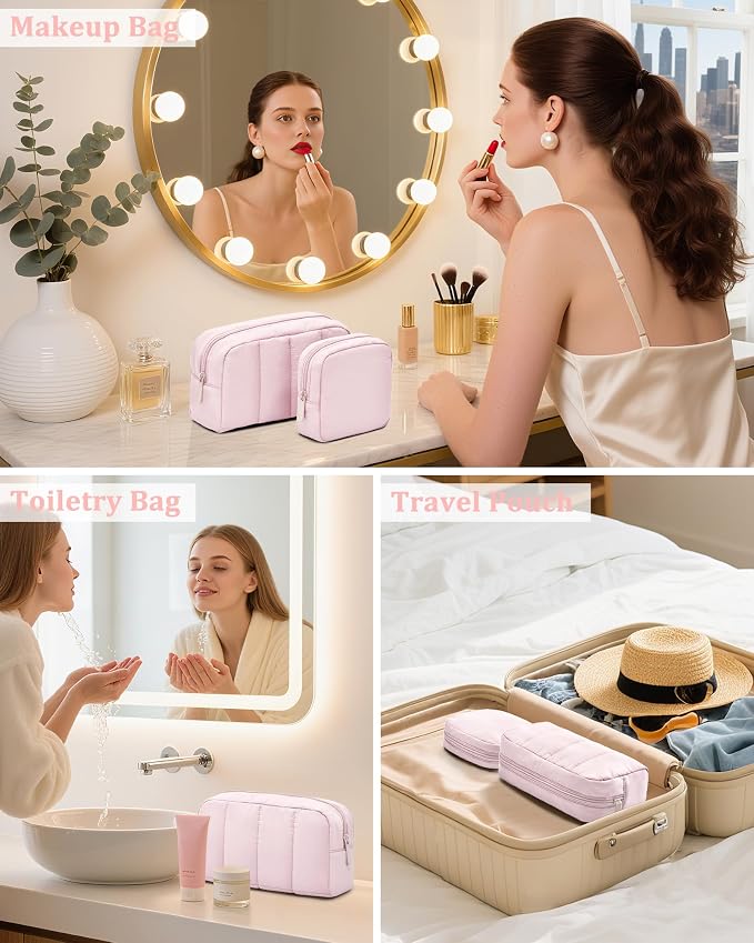 2 Pcs Makeup Bag Travel Toiletry Bag for Women Puffy Padded Cosmetic Pouch Purse Wide-open Makeup Organizer Case Travel Essentials - Image 6