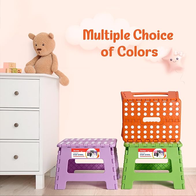 Folding Step Stool 9 Inch for Kids and Adults, 300 lbs, Orange | Lightweight Plastic Small Foldable Step Stool with Handle, Non-Slip, for Kitchen, Bathroom, Bedroom and Closet - Image 3