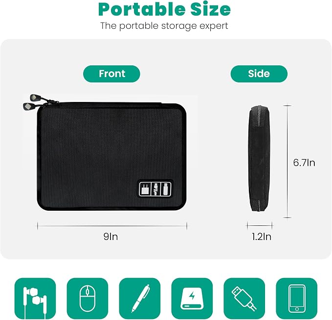 Cord Organizer Travel, Electronics Organizer Tech Pouch - Portable Cable Organizer Bag for Cords, Charger, Phone, SD Card, Power Bank for Travel & Daily Use -Black Green - Image 4