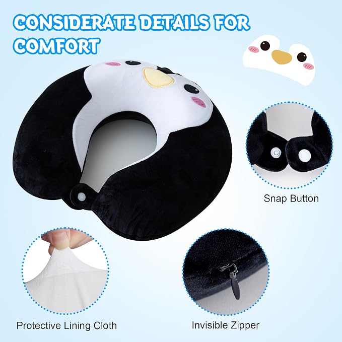 Cirorld Travel Pillow for Kids Adult Cute Neck Pillow for Traveling Memory Foam Airplane Pillow Sleep Mask Animal Flight Pillow Head Rest Neck Support for Cars Long Flights (Penguin, 9-12 Y/O) - Image 5