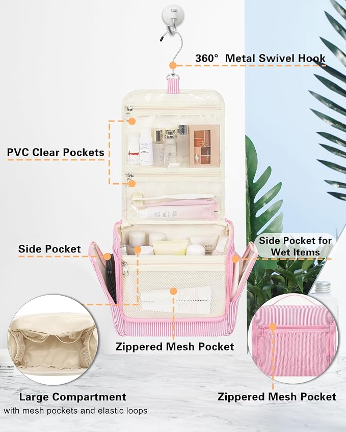 Relavel Hanging Toiletry Bag for Women, Travel Makeup Bag Cosmetic Organizer Toiletries Shower Bag for Travel Essentials, Accessories, Cute Gifts for Girls, Pink - Image 2
