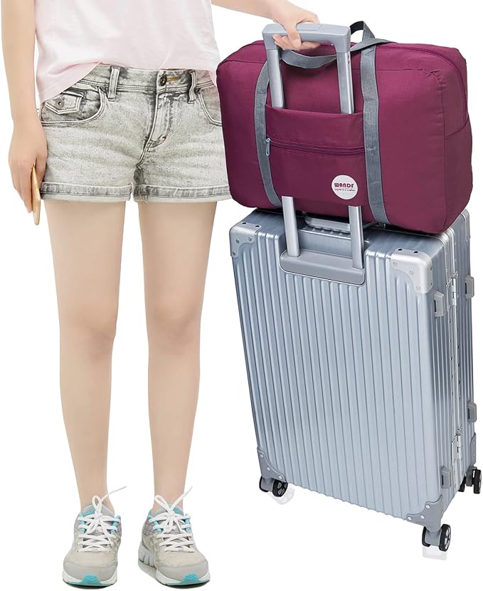 WANDF Foldable Travel Duffel Bag Luggage Sports Gym Water Resistant Nylon (Wine Red) | 18x14x8 inches, Airline Underseat Aprroved, Weekend Overnight Trips, Lightweight Packable - Image 5