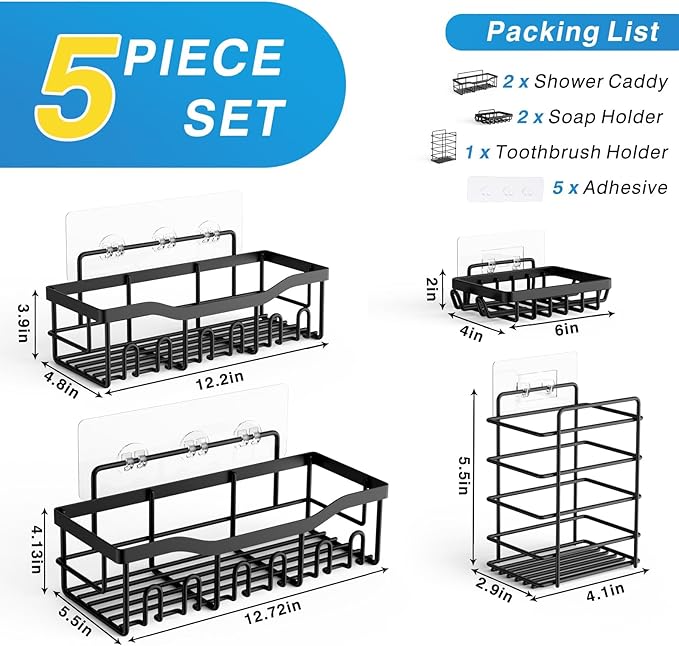 EUDELE Adhesive Shower Caddy, 5 Pack Rustproof Stainless Steel Bath Organizers With Large Capacity, No Drilling Shelves for Bathroom Storage & Home Decor - Image 7