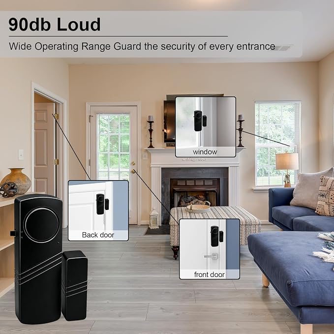 Door Window Alarm - 90dB Loud Home Security Sensor for Kids Safety, Burglar Alert for House, Apartment, Office, Hotel & Pool Window, Black (6 Pack) - Image 7
