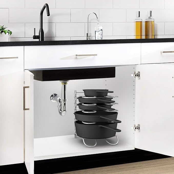 CAXXA Heavy Duty Pan Rack, Pot Lid Rack, Kitchen Cabinet Pantry Cookware Organizer Rack Holder with 5 Adjustable Dividers, Chrome (Pack of 2) - Image 7