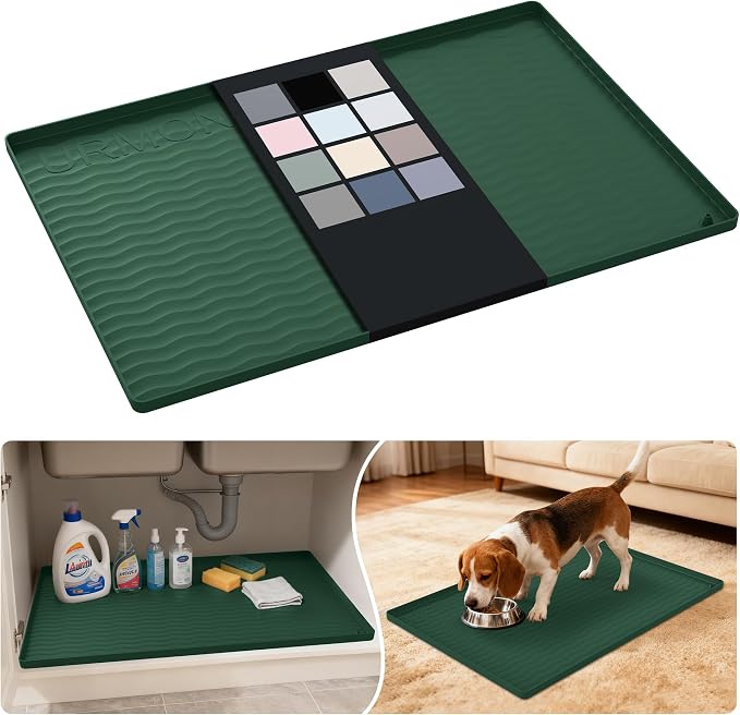 URMONA Waterproof Silicone Under Sink Mat 28'' x 19'' Shelf Liner for Kitchen and Bathroom, Cabinet and Counter Protector, Storage and Organizers, Litter Mat, Pet Cat Puppy Essentials(Green) by URMONA