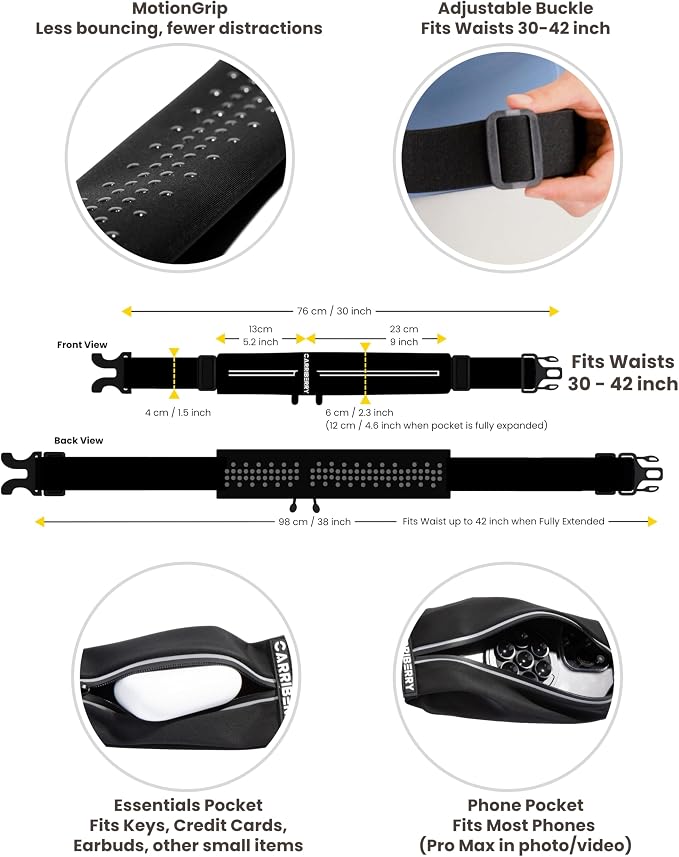 Slim Running Belt - Dual Pocket Waterproof Pouch for All Phones | Expandable Pockets; Reflective Pull Zippers; Bounce Reduction Technology; Adjustable elastic waistband; For Phones & Keys - Image 5