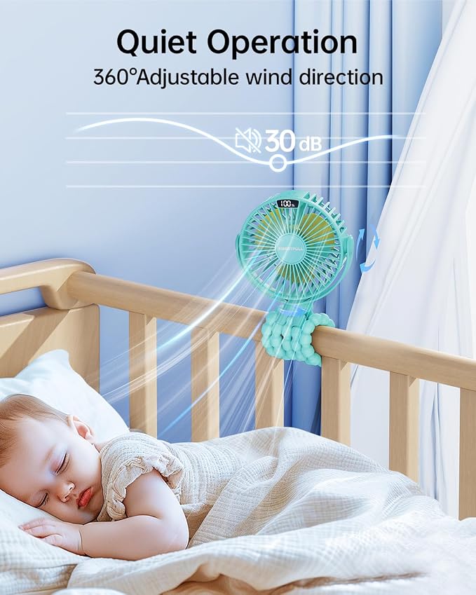 SWEETFULL Portable Stroller Fan with Display 4000mAh Battery Powered Mini Clip On Fan, 4-Speed Rechargeable Small Personal Cooling for Baby Car Seat Crib Travel - Cyan - Image 5