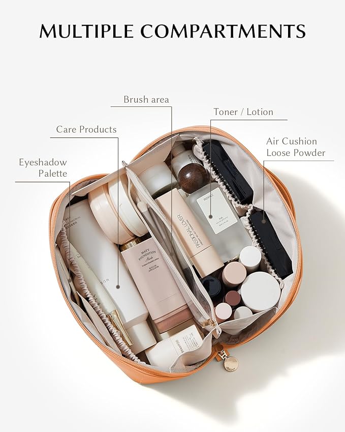 EACHY Travel Makeup Bag for Women, Flat Open Cosmetic Bag, Orange, Medium | Flat-open cosmetic organizer with pockets and clear TPU brush compartment for makeup, toiletries and travel essentials - Image 2