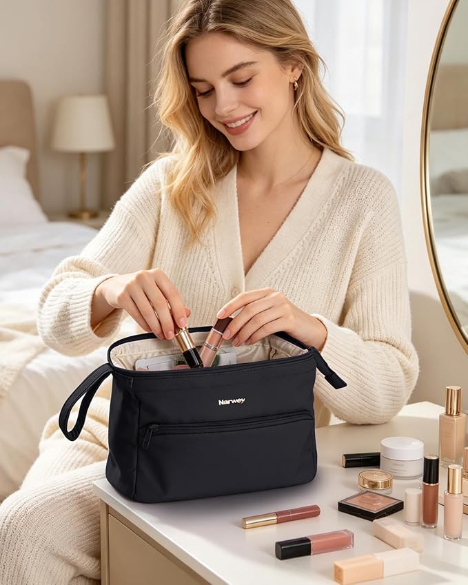 Narwey Large Travel Makeup Bag For Women Girls, Wide Open Cosmetic Bag, Portable Toiletry Bag for Cosmetics, Toiletries, Skincare, Brushes (Black) - Image 8