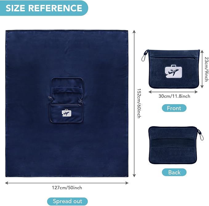 Travel Pillow and Blanket 2-in-1 Set, Navy Blue, 60x50 Inch | Plane Packable , Soft Warm and Lightweight Flannel, Hand Luggage Sleeve and Backpack Clip, Plane Flight Car Trips - Image 2