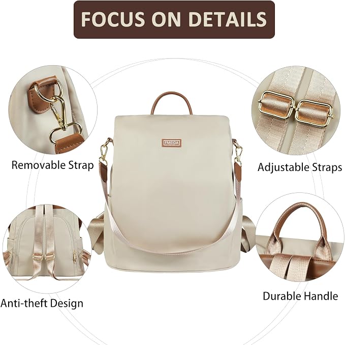 Anti Theft Backpack Purse for Women Convertible Nylon Backpack Beige | Hidden Back Zipper Opening, Compact Travel Size,Summer Purse, Daypack for College Work, Fits 13-inch laptop - Image 4