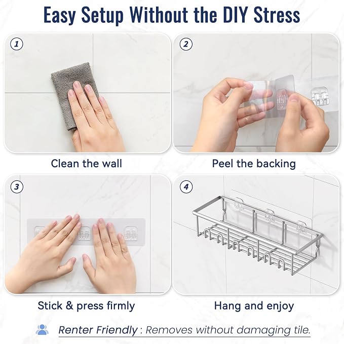 8 Pack Adhesive Large Capacity No-Drilling Shower Caddy, Silver | Rustproof Shower Shelves Rack with Soap Dishes, Toothbrush Holder & Hooks for Bathroom Organizers & Storage Accessories - Image 6