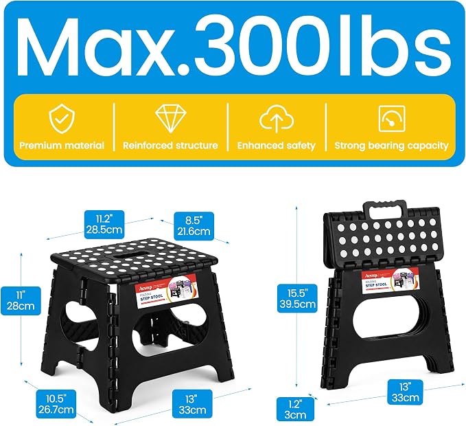 11 Inch Folding Step Stool for Kids, Non-Slip Foldable Stools, Black | Heavy Duty Collapsible Foot Stool, Lightweight with Built-in Handle, Holds 300 lb for Adults Kitchen Bathroom Bedroom Outdoor - Image 5