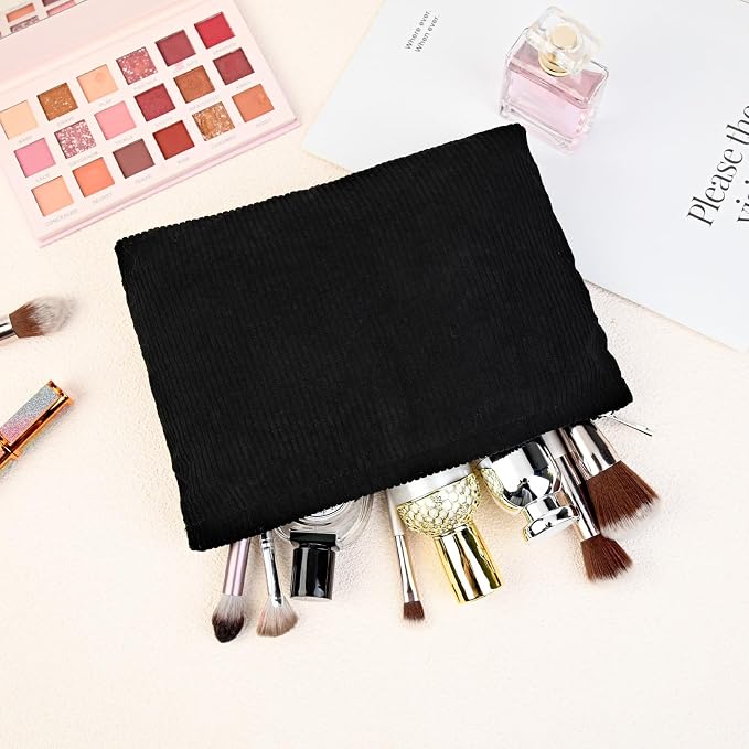 SOIDRAM 2 Pcs Corduroy Makeup Bag Large Cosmetic Bag Toiletry Bag Makeup Pouch Travel Bag Organizer Cute Makeup Brushes Aesthetic Accessories Storage Bag for Women Black - Image 5