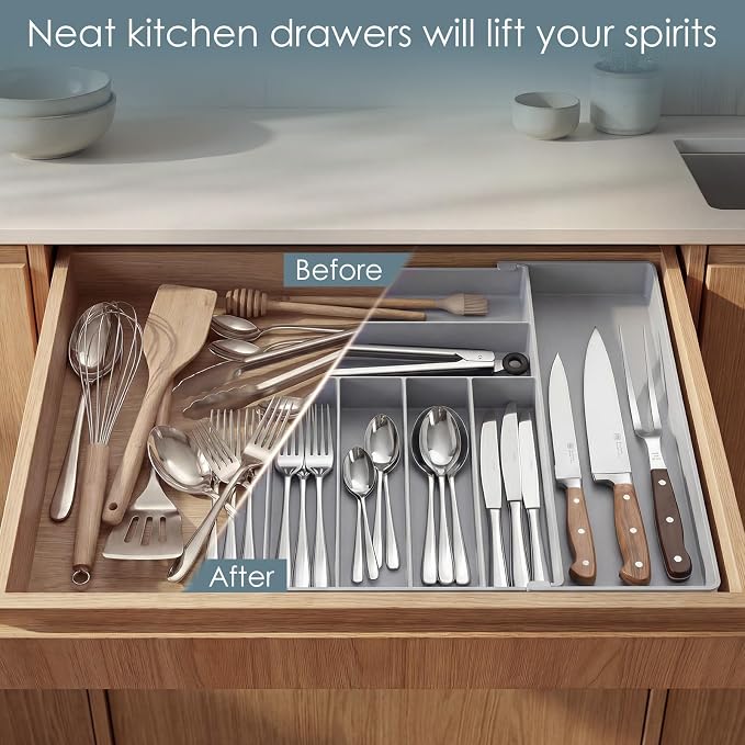 Silverware Drawer Organizer, 9 Slots Expandable Kitchen Drawer Organizer | Extra Large Utensil Holder & Cutlery Tray, Heavy Duty Stainless Steel Frame Flatware Organizer, Non-Slip Feet Included, Gray - Image 4