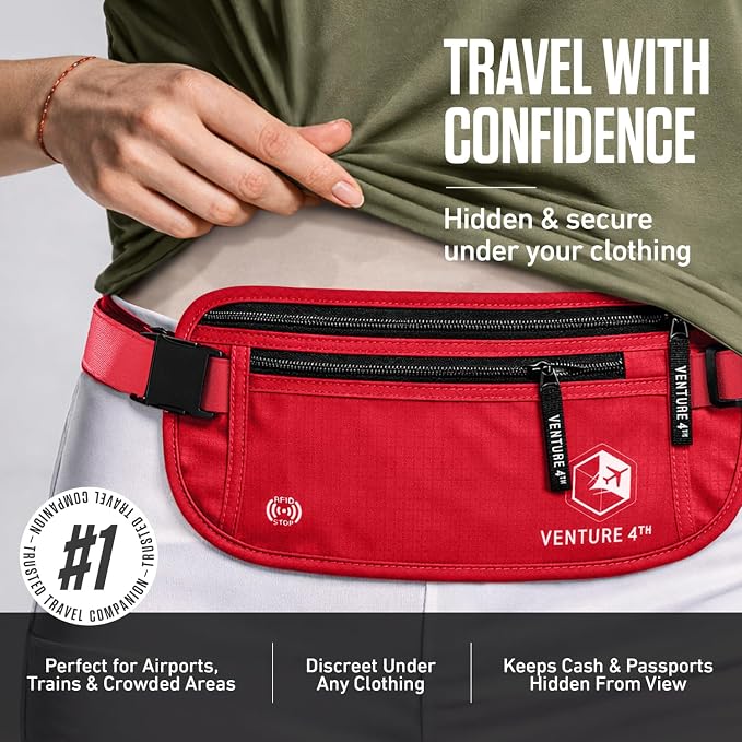 VENTURE 4TH Travel Money Belt, RFID Blocking Passport Holder - Red - Image 4