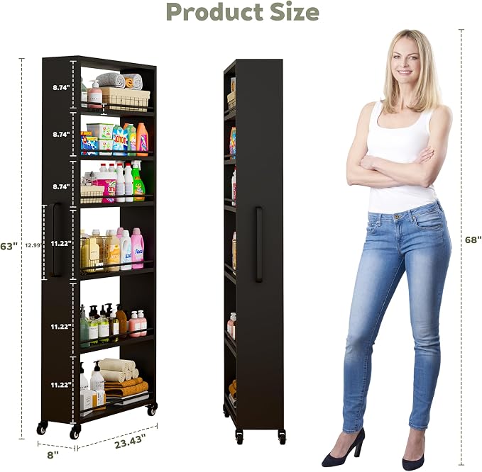 6-Tier Slim Rolling Storage Cart with Wheels, 8-Inch Deep Metal Utility Cart for Kitchen, Bathroom, Laundry, Craft Room – Narrow Design for Easy Organization and Mobility (Black) - Image 7