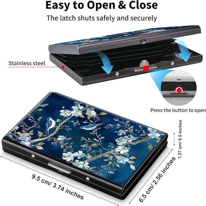 Metal Wallet,Credit Card Holder for Women Men,RFID Blocking Card Holder Wallet Mini Slim Aluminum Wallet ID Case Hard Card Case Business Card Holder Case,Blue Bird Flower - Image 5