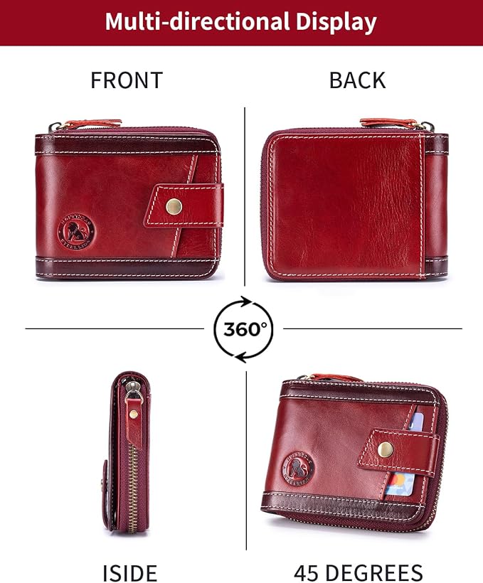 Men's Leather RFID Wallet with Zipper, 14 Card Slots, ID Window | Zippered coin pocket separates loose change; organized for commuting and everyday carry (Red) - Image 8