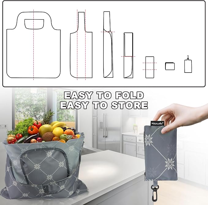 HOLYLUCK Reusable Grocery Bags,Heavy Duty Foldable Shopping Tote Bag (Standard, Grey square) - Image 4