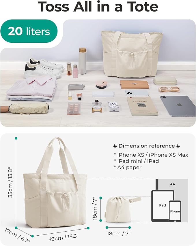 BAGSMART Foldable Tote Bag with Drawstring Bag, Tote Bag Shoulder Bag Top Handle Handbag for Travel, Work, Beach, Gym - Image 3