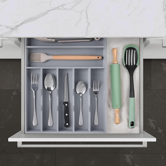 Kitchen Bamboo Silverware Organizer, Kitchen Drawer Organizer - Utensil Holder and Cutlery Tray with Grooved Drawer Dividers for Flatware 7 Slot, Grey - Image 9