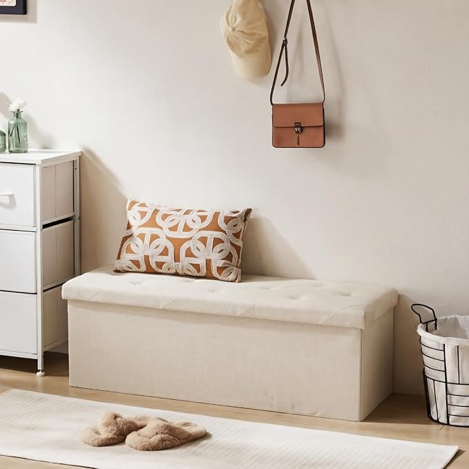 DUMOS 43 Inch Folding Storage Ottoman Bench, Large Ottoman with Storage | Storage Chest with Thicker Foam Padded Seat, End of Bed Foot Rest Stool for Bedroom Living Room Entryway, Load 660 lbs, Beige - Image 8