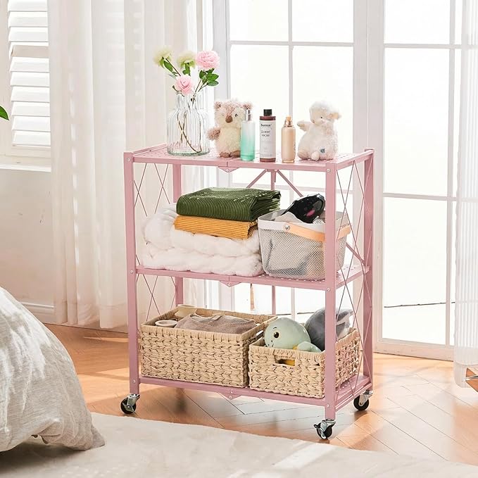 BRIAN & DANY 3-Tier Foldable Storage Shelves with Wheels, No Assembly Folding Shelf Metal Rack, Shelving Unit for Kitchen, Garage, Pink - Image 2
