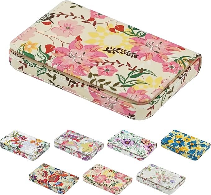 Business Card Holder，PU Leather Business Card Case Color Printing Pattern Card Holder Wallet，Pockets Magnetic Credit Card Holders for Men and Women - Red Yellow Flowers by AI-DEE