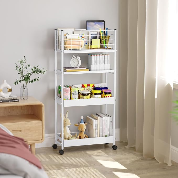 KINGRACK 4 Tier Slim Rolling Cart, Metal Utility Storage Cart with Wheels | 5.7" Raised Edge, Narrow Space Trolley Organizer for Bathroom, Kitchen, Office, Dorm, Laundry, Living Room, White - Image 8