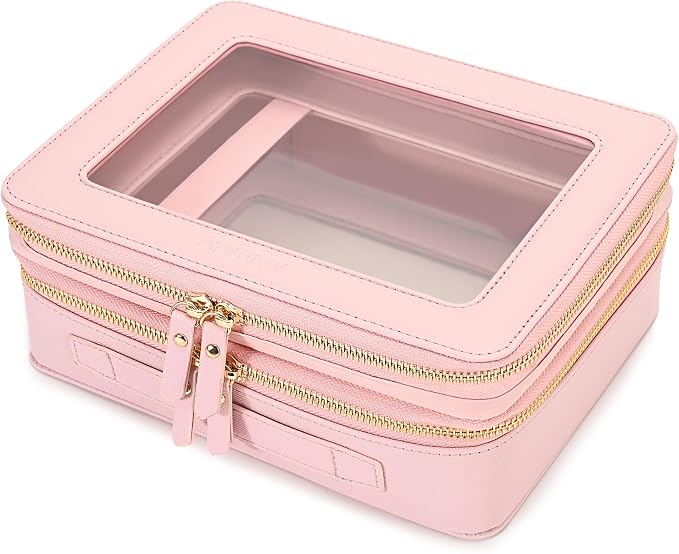 Aveniee XL Clear Makeup Organizer,Double Layer Travel Cosmetic Case with Brush Holder & Zippered Compartments,Big Toiletry Bag for Travel Accessories,2 Layers Large,Pink by Aveniee