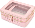Aveniee XL Clear Makeup Organizer,Double Layer Travel Cosmetic Case with Brush Holder & Zippered Compartments,Big Toiletry Bag for Travel Accessories,2 Layers Large,Pink by Aveniee