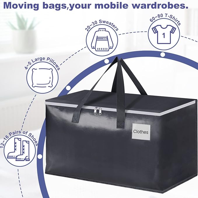 StorageRight Heavy Duty Moving Boxes-Moving Bags with Zipper, Reinforced Handles and Tag Pocket-Collapsible Moving Supplies-Totes for Storage Great for Moving, Storage and Travel 93L(Gray-6 Pack) | Heavy Duty Storage Bins with Lids, Zipper, Reinforced ... - Image 4