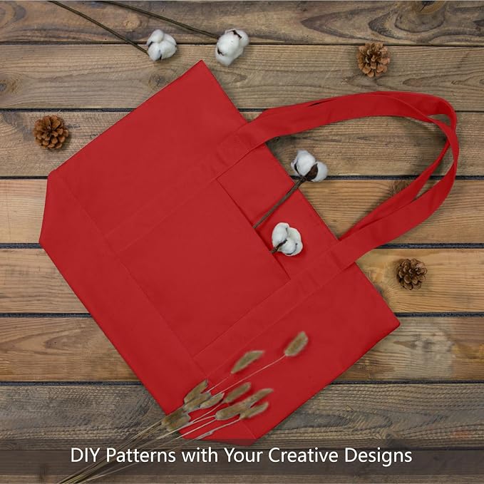 TOPDesign 3-Pack Canvas Tote Bags with an External Pocket, Reusable Grocery Shopping Bags, Top Zipper Closure, Daily Essentials (Red) - Image 4