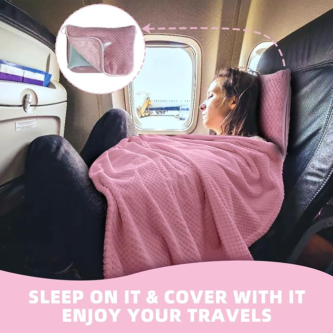 3 in 1 Travel Blanket Pillow Set - 350 GSM Thick Travel Blanket Airplane Compact with Bag, Soft Bag with a Pocket, Inflatable Travel Pillow for Camping & Car Trip (Blush Pink) - Image 2
